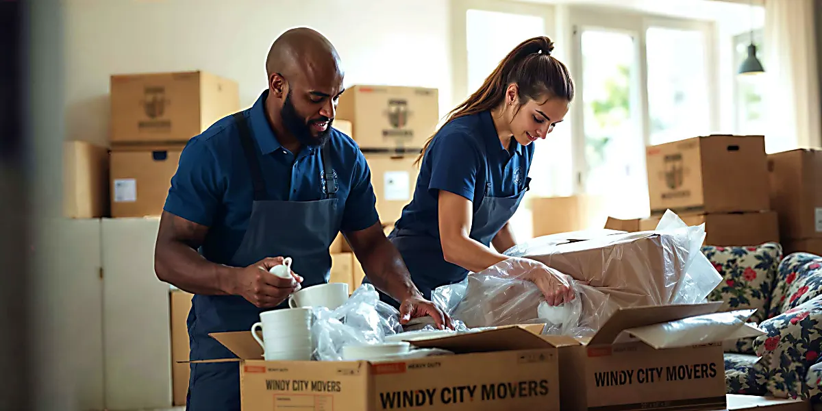 Professional movers packing household items