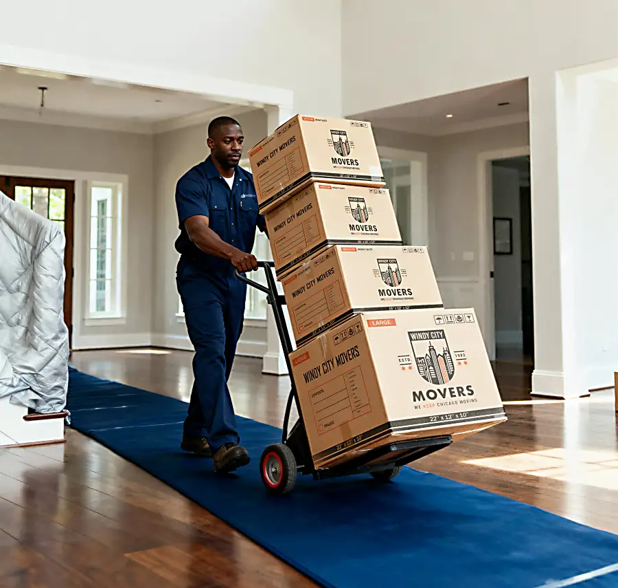 Windy City Movers professional moving boxes with a dolly in a home
