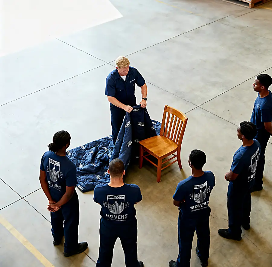 Windy City Movers team gathered around furniture ready to move