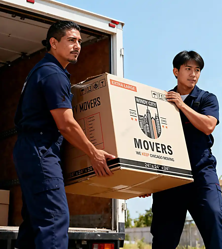 Two Windy City Movers crew members carrying a large box from a truck