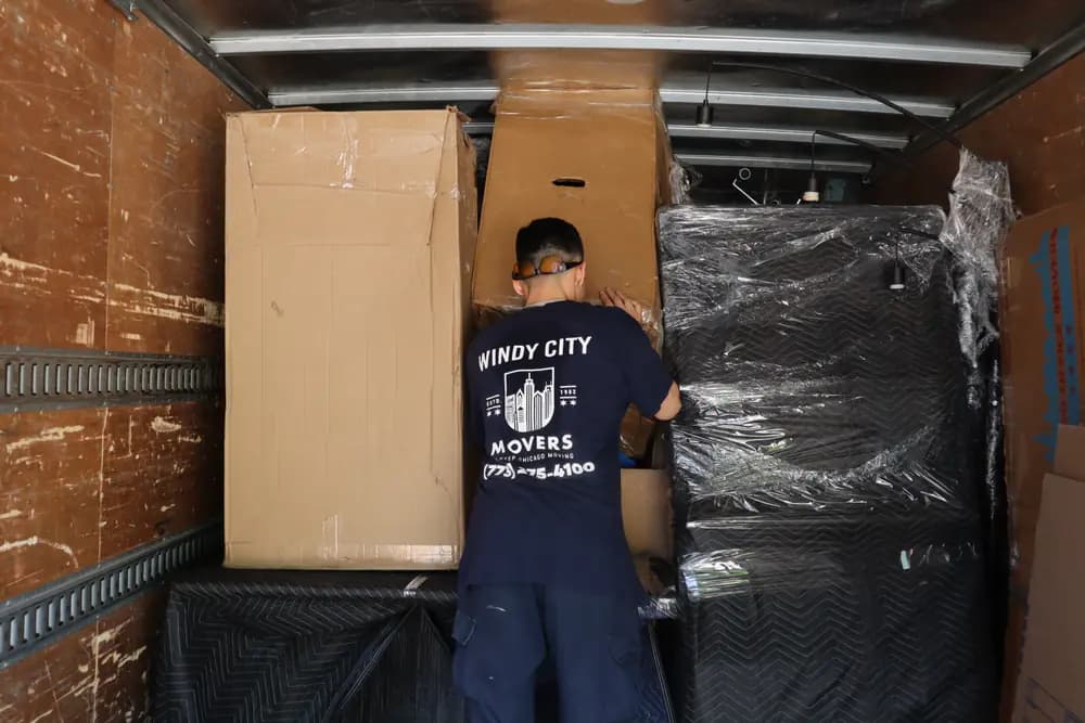 Windy City Movers team loading a moving truck in Portage Park, Illinois